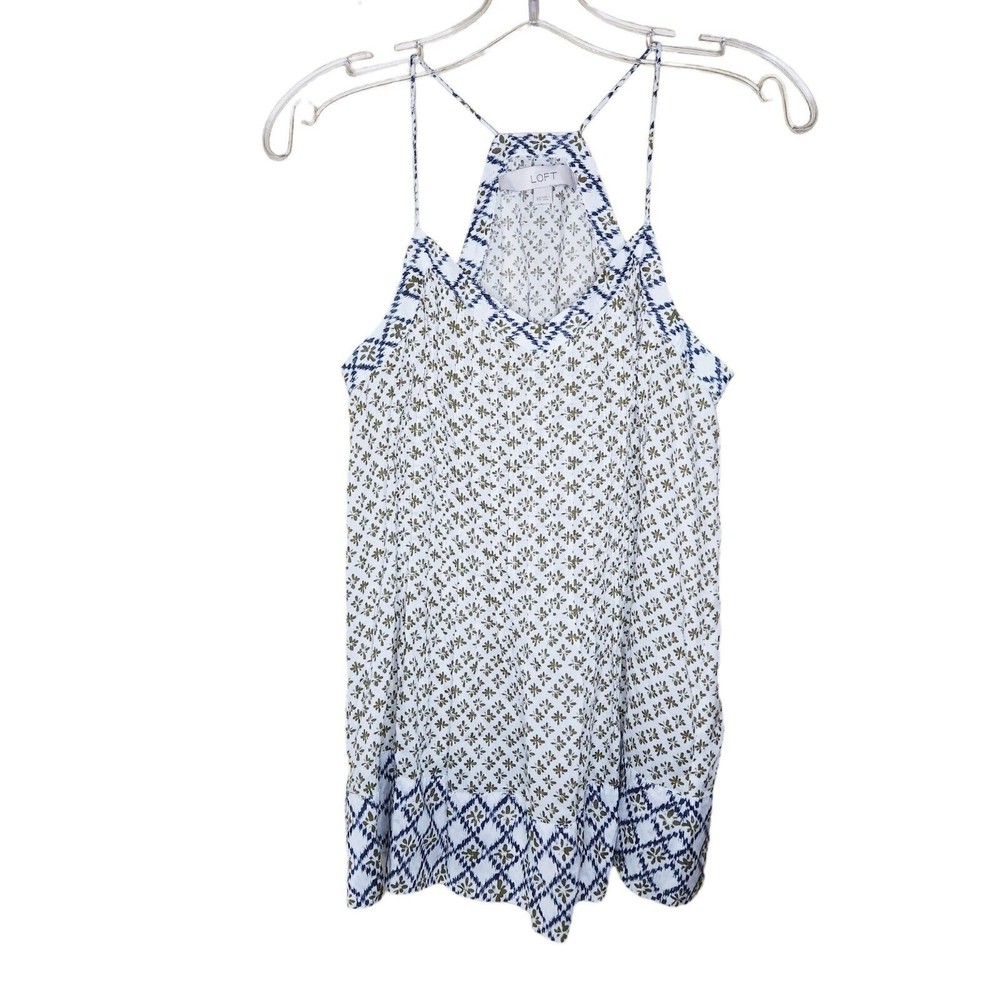 Ann Taylor LOFT Women White Blue Green Patterned Pleated Sleeveless Blouse XS